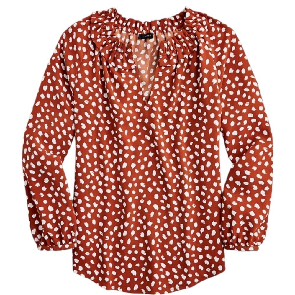 J CREW brown drapey ruffleneck top in brushstroke printed 365 crepe blouse M